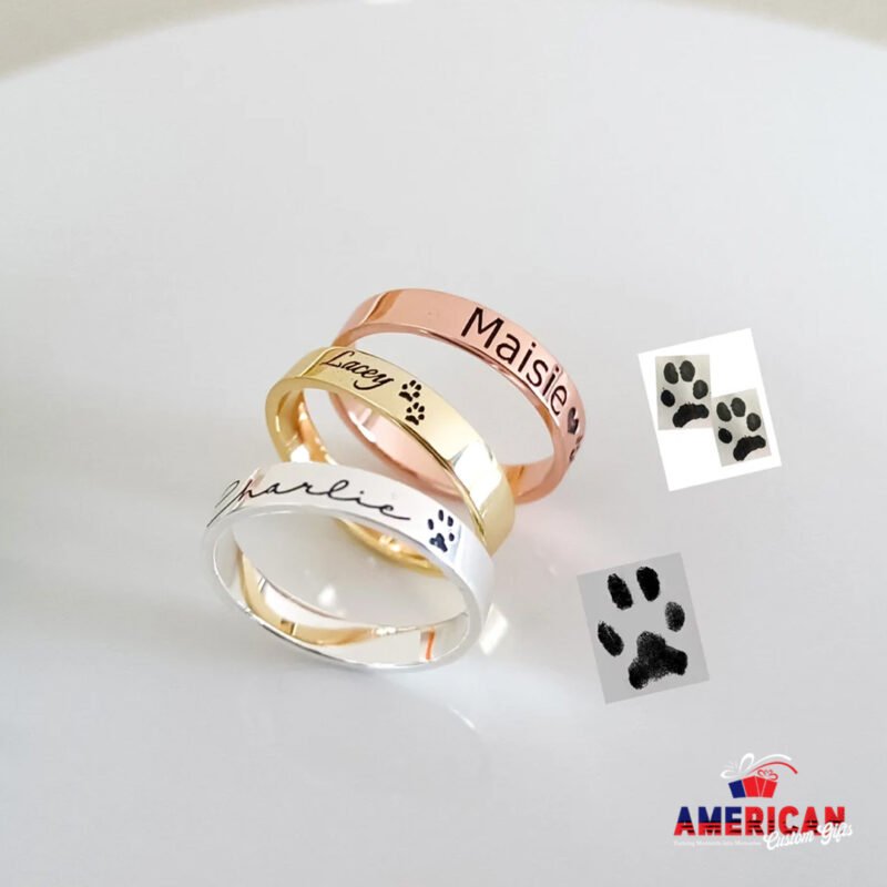 Actual Pet Paw Print Ring, Personalized Pet Name Ring, Custom Dog Paw Ring, Pet Memorial Gift, Gift for Pet Lover, Cat Paw Ring