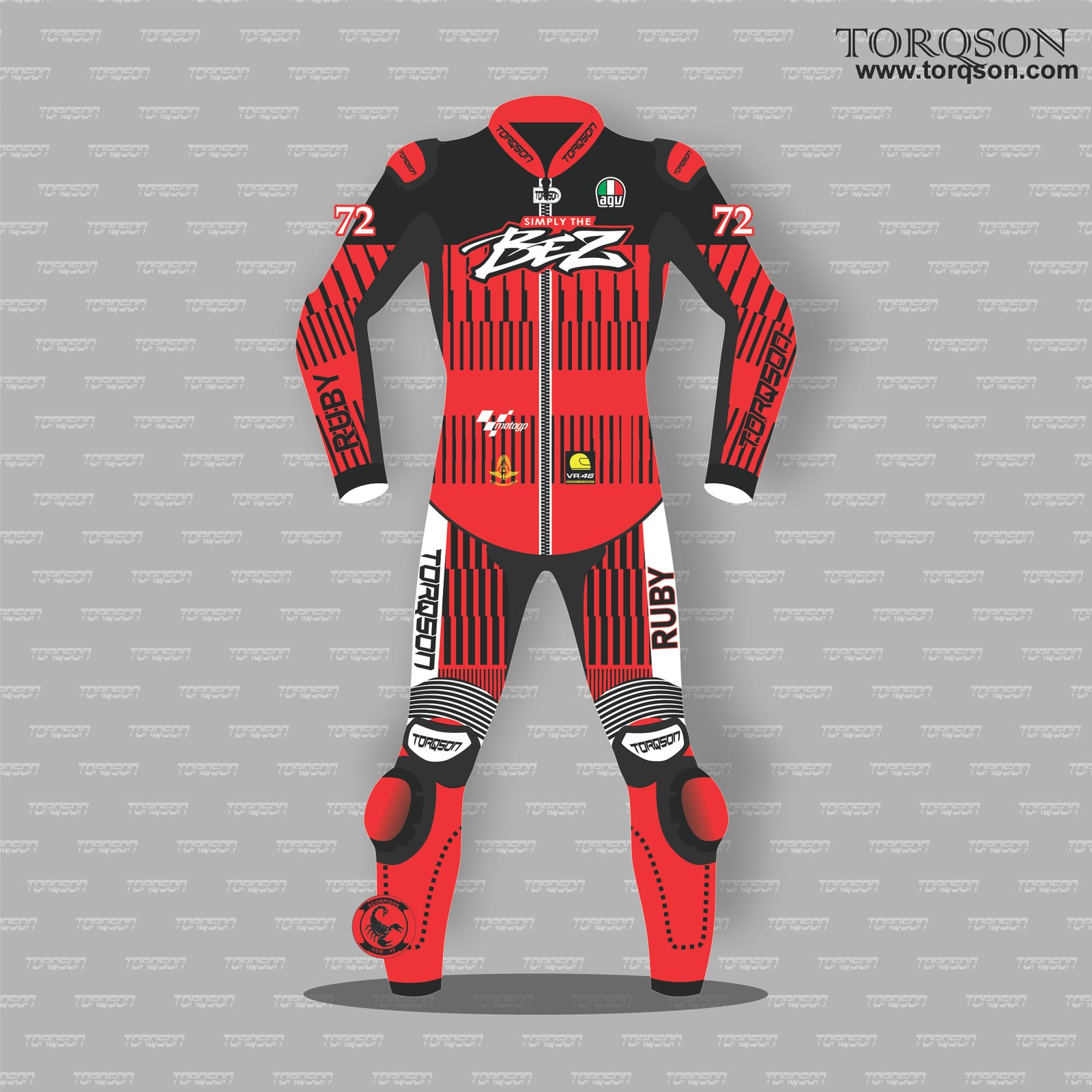 Marco Bezzecchi 72 VR46 MotoGP Inspired Racing Suit – Red Black
